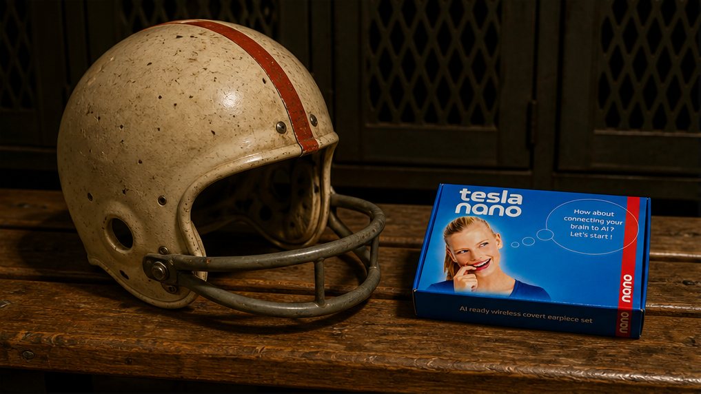 Zabytkowy kask futbolowy z lat 50. obok pudełka zestawu TESLA nano