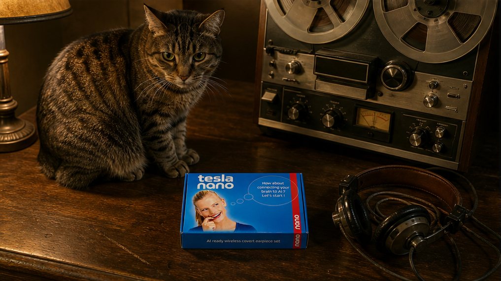 Un gatto tigrato accanto a un registratore a bobine e alla scatola TESLA nano