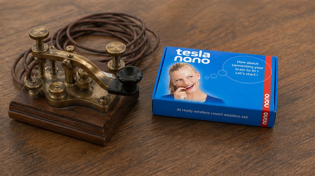 A vintage Morse telegraph key next to a TESLA nano box