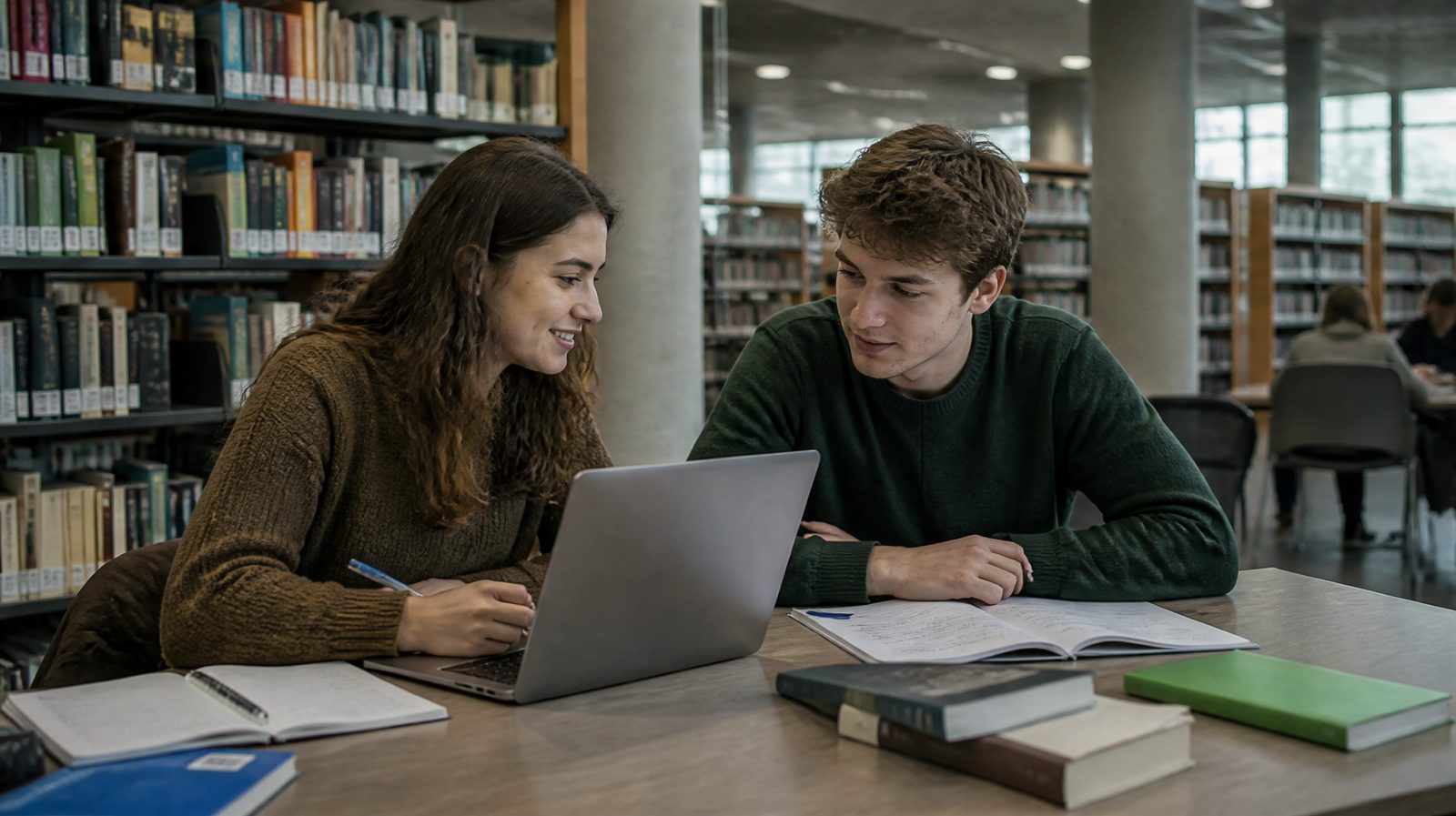 Dos estudiantes estudiando juntos en una biblioteca