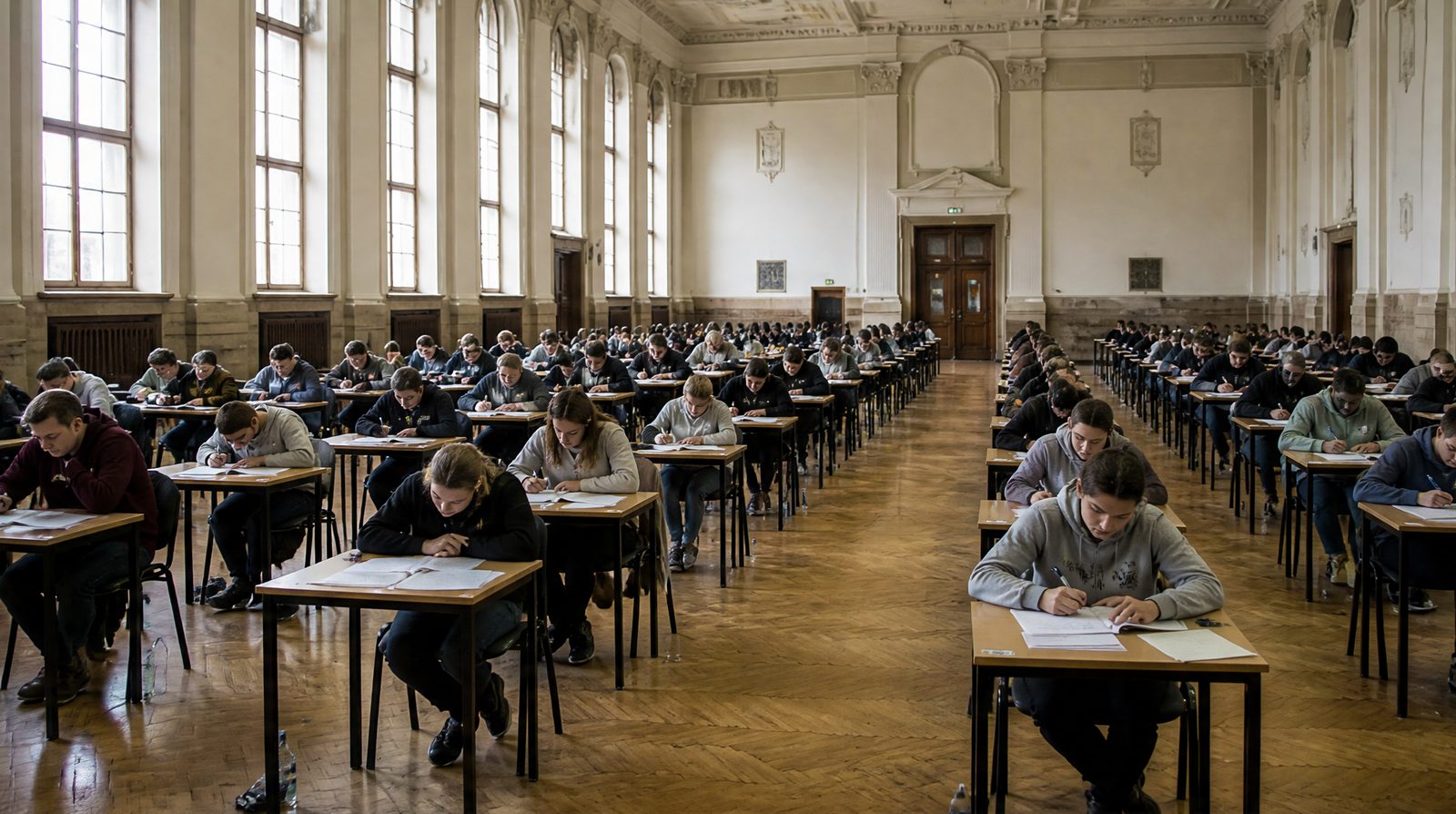 Studenti che scrivono un esame in una grande aula universitaria