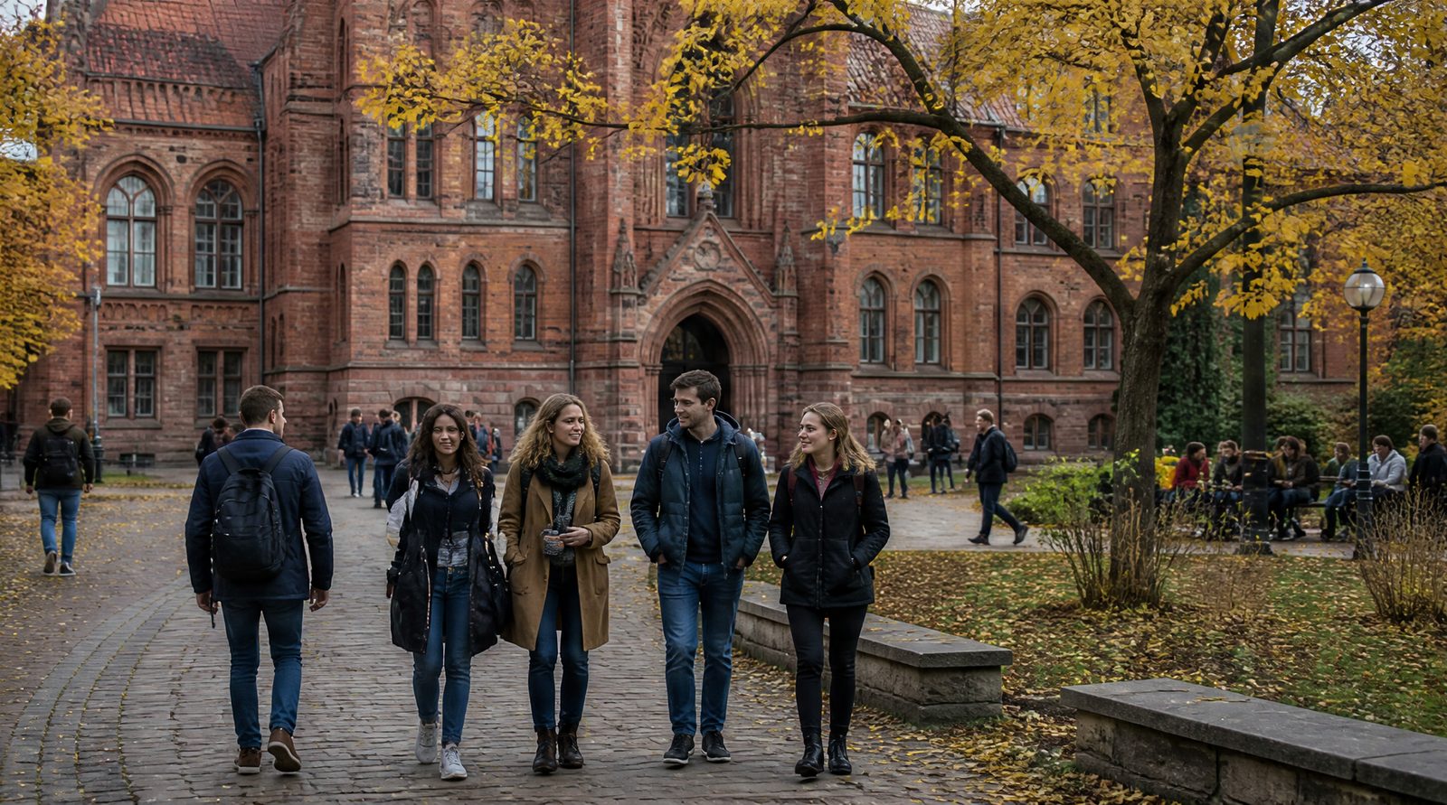 Studenci spacerujący przed ceglanym budynkiem uczelni jesienią