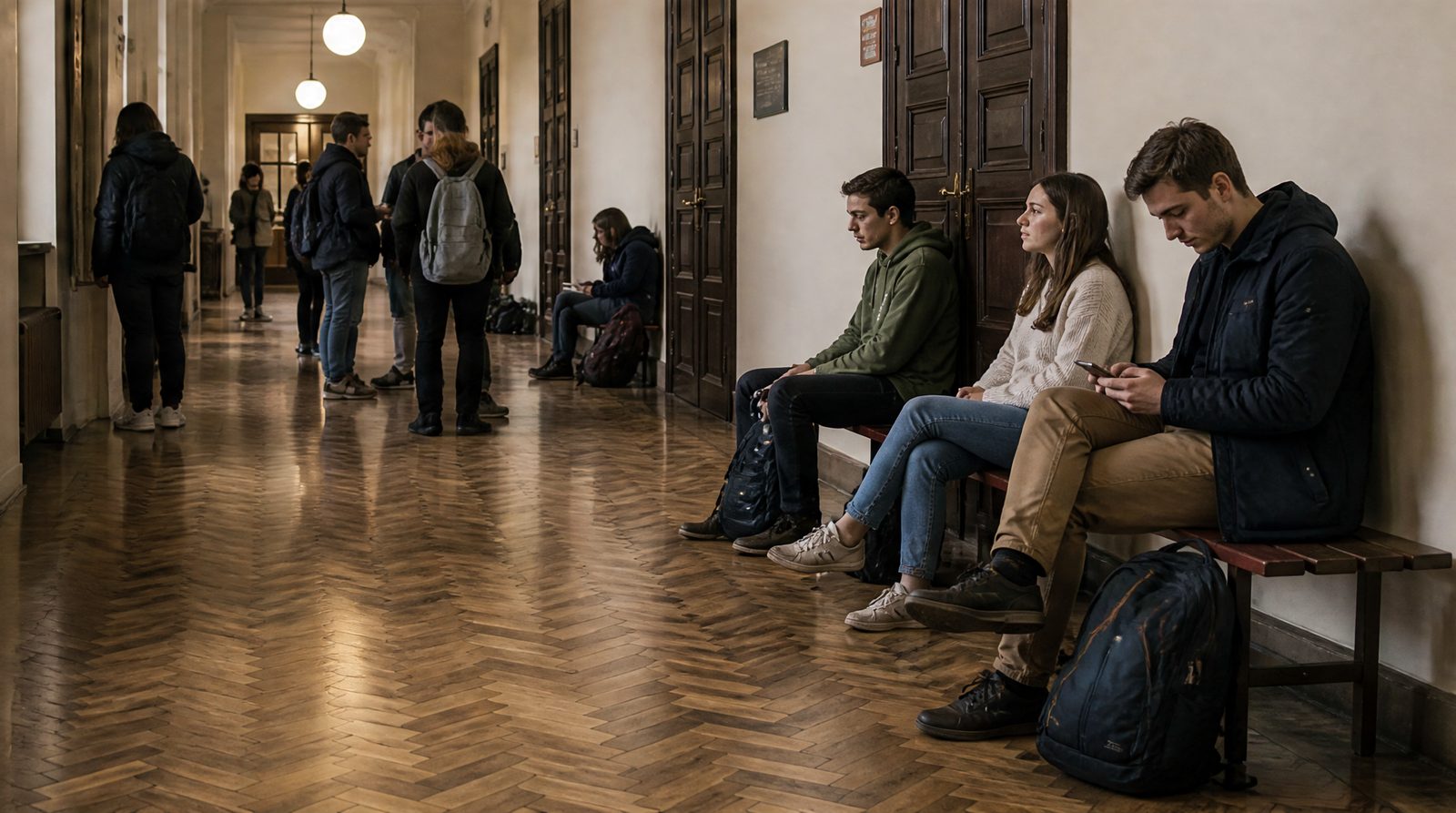 Studenci na uczelnianym korytarzu, jeden sprawdza telefon