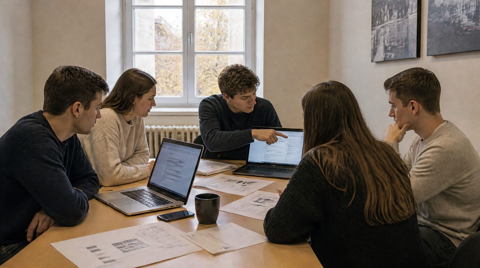Estudiantes trabajando en un proyecto común alrededor de una mesa