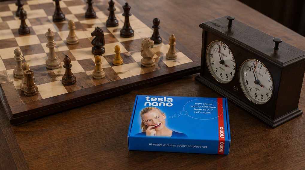 A chessboard with a tournament clock next to a TESLA nano box