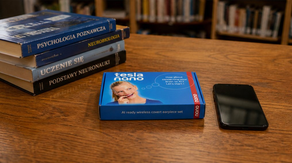 Caja del kit TESLA nano junto a un smartphone en una mesa de biblioteca