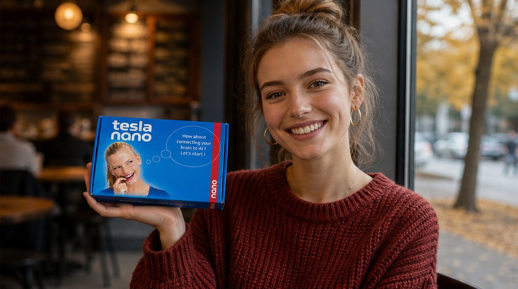 Estudiante en una cafetería con la caja del kit TESLA nano en la mano
